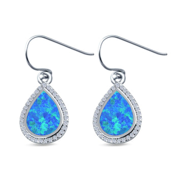 Drop Dangle Halo Pear Earrings Lab Created Blue Opal Simulated CZ 925 Sterling Silver(19mm)